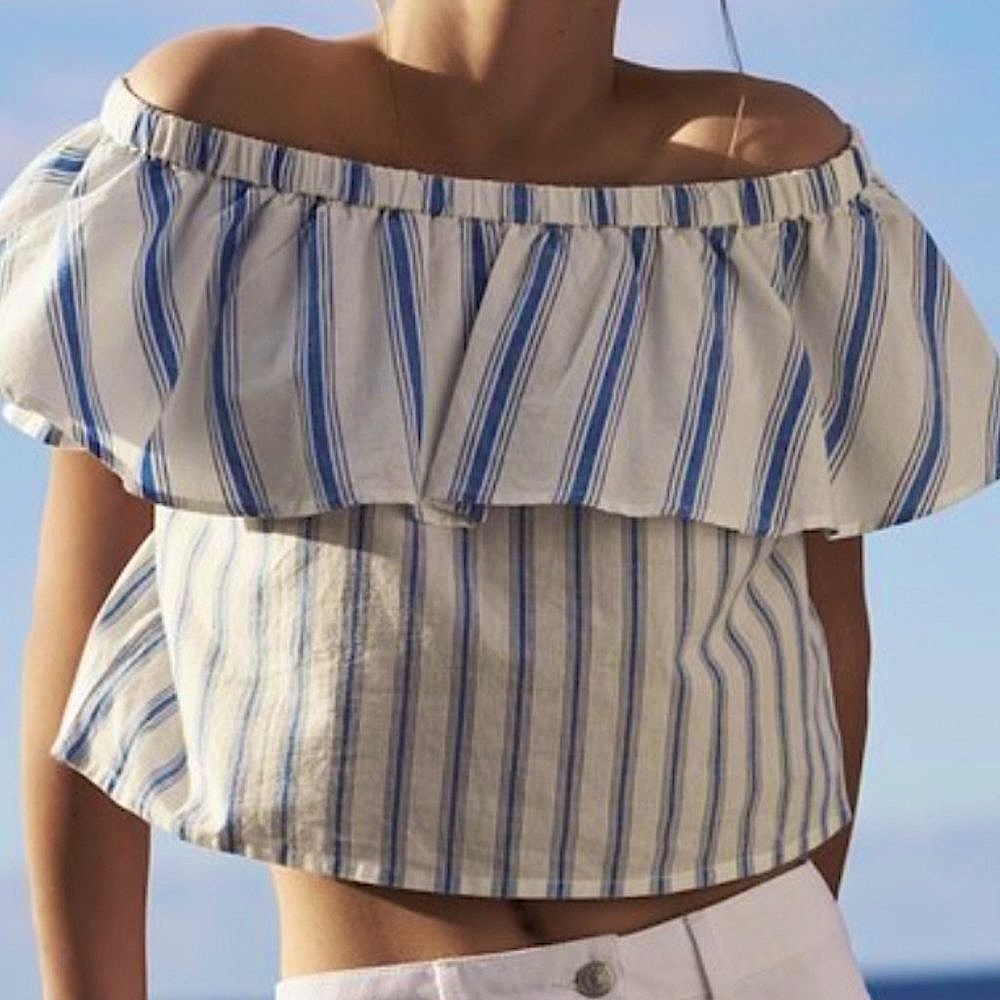 TOPSHOP - Ivory White/Blue Striped Ruffle Off-the-Shoulder Bardot Crop Top